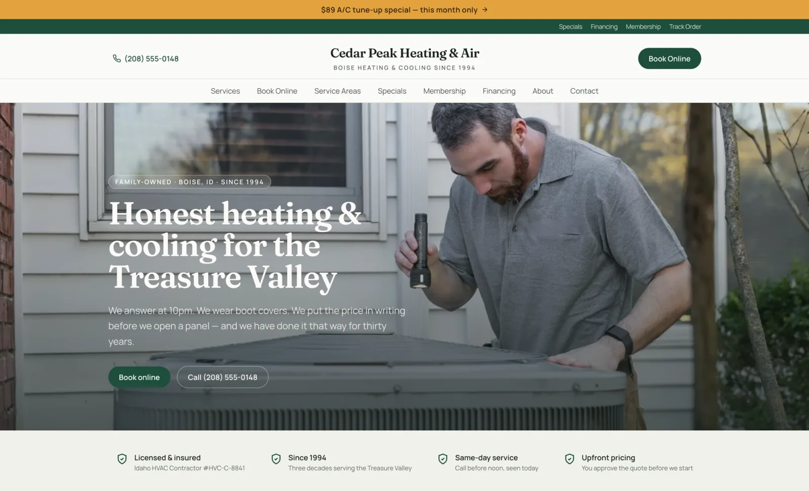 Cedar Peak Heating & Air — a service business website built by UpChannels, with online booking, service areas, and membership plans