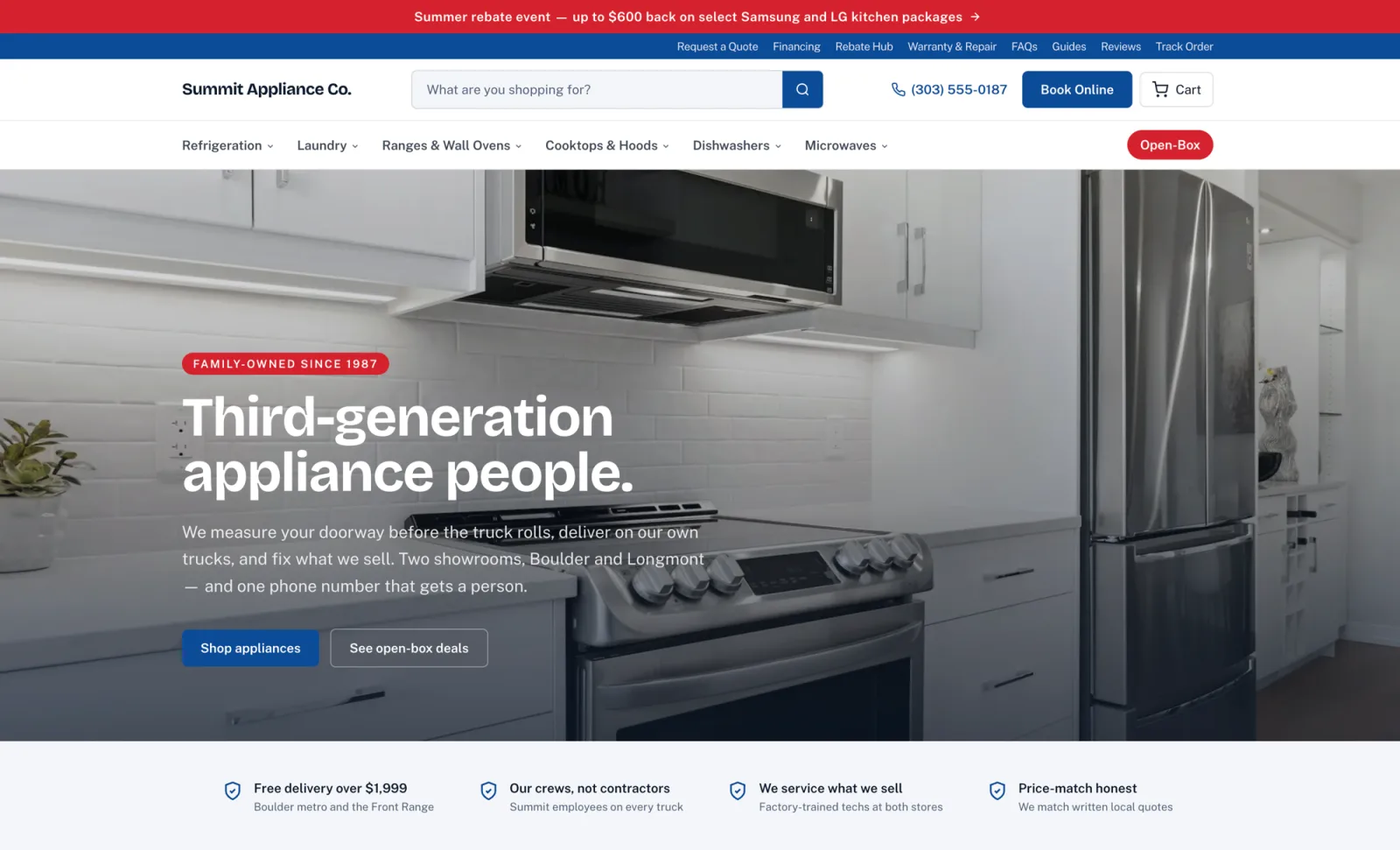 Summit Appliance Co. — a dealer product storefront built by UpChannels, with category navigation, search, cart, and an open-box section